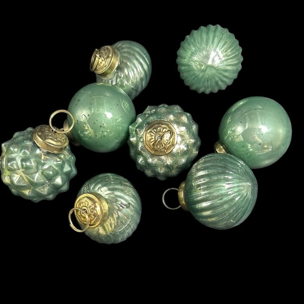 Kugel Style Glass Christmas Ornaments 2.5" Aqua Blue Hobnail Ribbed Lot of 8